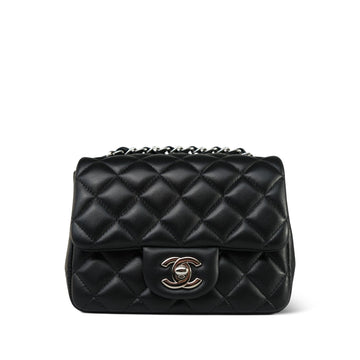 Black leather Quilted Square Flap Mini Silver Hardware