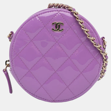 Purple CC Quilted Patent Round Clutch With Chain