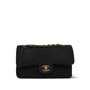 Black Canvas Camellia Quilted Classic Double Flap Small Gold Hardware