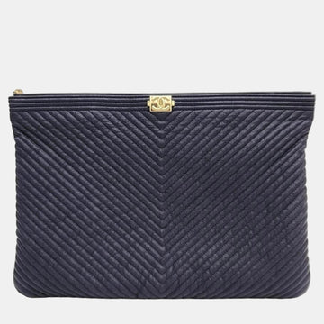 Navy Blue Caviar Leather Large O Case Boy Clutch Bag