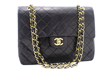 CHANEL Classic Double Flap Chain Shoulder Bag Black Leather Purse k88