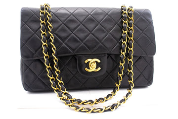 CHANEL Classic Double Flap 10" Chain Shoulder Bag Black Leather k77