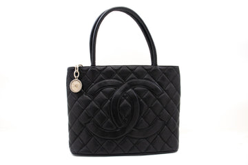 CHANEL Silver Medallion Leather Shoulder Bag Shopping Tote Black SV k57