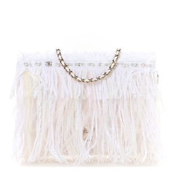 Tweed Embroidered Feathers Pearl Crystal Clutch White