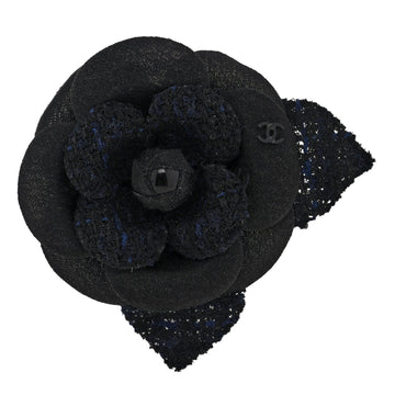 Tweed Fabric Camellia Pin Brooch Black