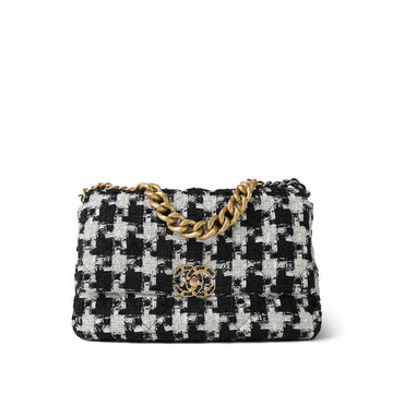 Black White Ecru Houndstooth Tweed Quilted Large 19 Flap Mixed Hardware