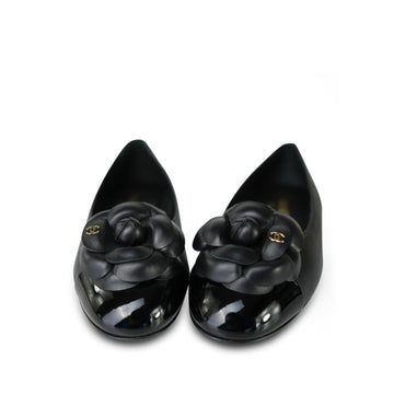 24P Black leather Camellia CC Patent Cap Toe Ballerina Flats Size 36.5