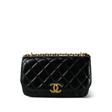 23A Black Shiny leather Quilted Phone Holder W/ Chain Aged Gold Hardware