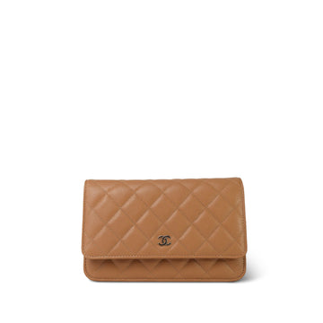 23P Dark Beige / Caramel leather Quilted Wallet on Chain WOC LGHW