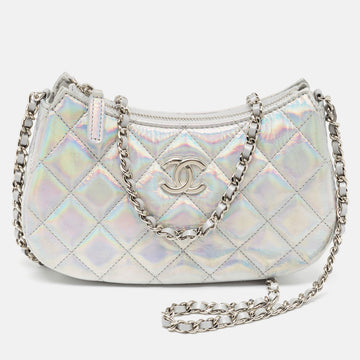 Silver Iridescent Quilted Patent Leather CC Chain Clutch