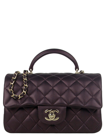 Chanel 2022 Iridescent Burgundy Lambskin Quilted Mini Top Handle Rectangular Flap Bag