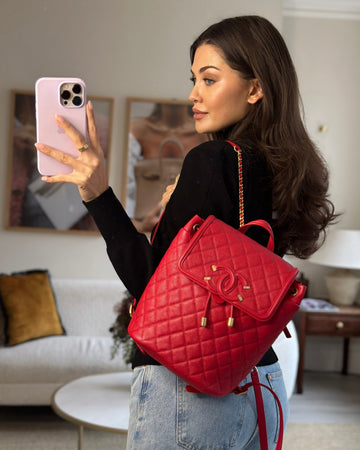 Chanel Red Filigree Quilted Backpack in Leather Leather with Brushed Gold Hardware