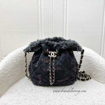 Chanel 22P Denim Mood Mini Drawstring Bucket Bag in Black Printed Denim and LGHW