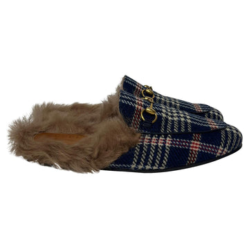 Gucci Princetown Plaid Fur Trim Mules in Blue Canvas
