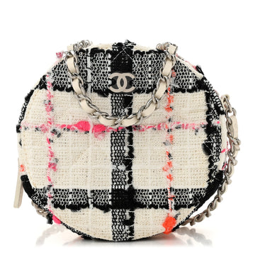 Tweed Quilted Round Clutch With Chain Black White Multicolor
