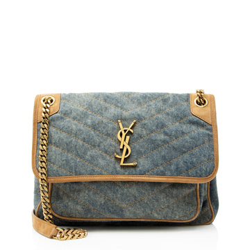 Niki Chain Flap Bag Matelasse Chevron Denim with Suede Medium