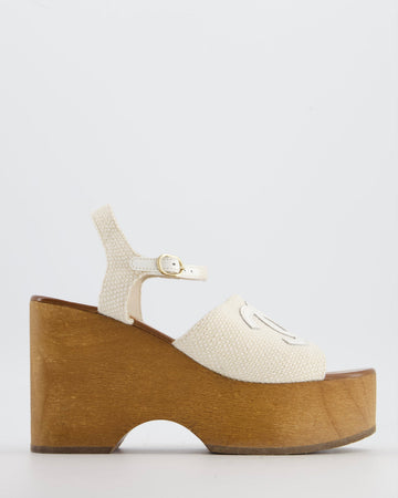 Chanel Cream and Brown Canvas Platform CC Wedge Sandals with  Logo Detail Size EU 38C
