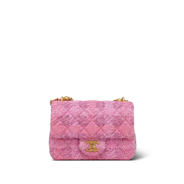 Pink Tweed Quilted Pearl Twist Handle Mini Square Flap Aged Gold Hardware
