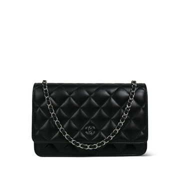 Black leather Quilted Wallet on Chain WOC Silver Hardware