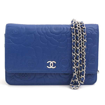 Top Quality Chanel Camellia Chain Wallet Blue Leather