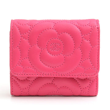 Top Quality Chanel Camellia Leather Trifold Compact Wallet Pink