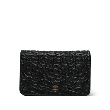 Black leather Quilted Camellia Embossed Wallet on Chain LGHW