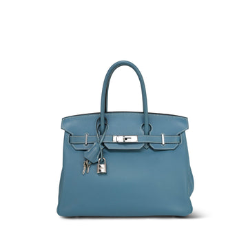 Birkin 30 Blue Jean leather Palladium Plated L Square Stamp