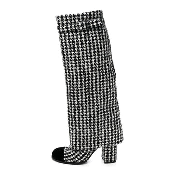 Tweed Sequin Velvet Cap Toe Fold Over High Boots 38.5 White Black