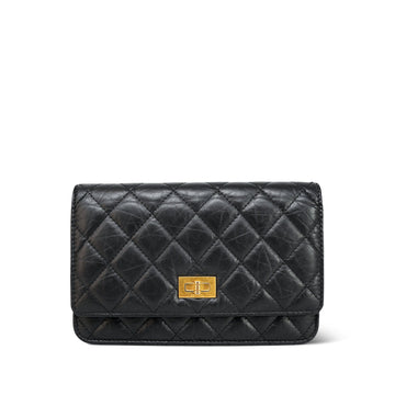 23P Black Aged leather Quilted Reissue 2.55 Wallet on Chain WOC Aged Gold Hardware