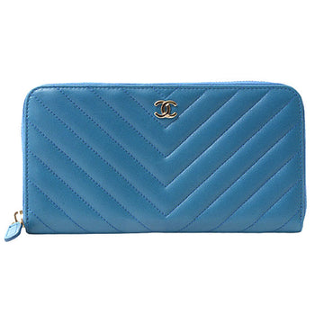 Top Quality Chanel Chevron Leather Round Zip Wallet Blue