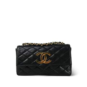 Black leather Quilted Rectangular Push Lock Single Flap Gold Hardware