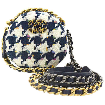 Top Quality Chanel Tweed Round Chain Shoulder Bag Houndstooth White Navy
