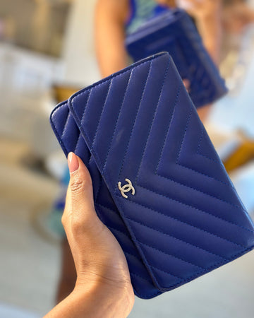 Chanel Cobalt Blue Chevron Wallet on Chain in Leather with Silver Hardware