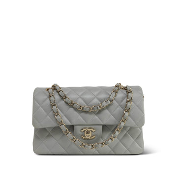 21A Grey leather Quilted Classic Flap Small Light Gold Hardware