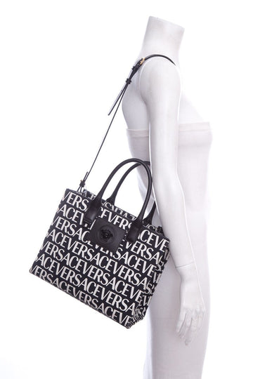 Versace Black & White Logo Leather/canvas Tote