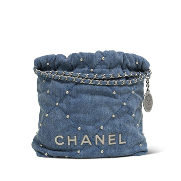 24S Blue Denim Quilted Studded Mini 22 Bag Aged Silver Hardware