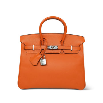 Birkin 25 Orange leather Palladium Plated L Square Stamp