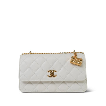 White leather Quilted Flap Charm Wallet On Chain WOC Gold Hardware