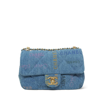 22P Blue Denim Quilted Mood Flap Bag Small Aged Gold Hardware