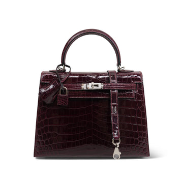 Kelly Sellier 25 Bordeaux leather Niloticus Palladium Plated T Stamp