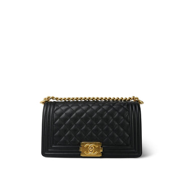 Black leather Quilted Boy Bag Old Medium Aged Gold Hardware