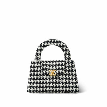 24A Black and White Houndstooth Tweed Quilted Nano Kelly Shopper Aged Gold Hardware