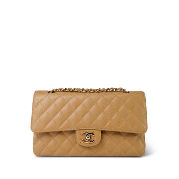 Beige leather Quilted Classic Flap Medium Light Gold Hardware