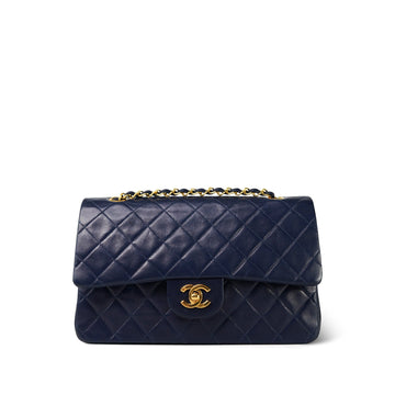 Navy leather Quilted Medium Classic Flap GHW