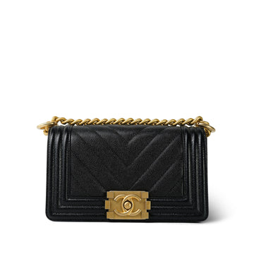 Black leather Chevron Quilted Boy Bag Small Aged Gold Hardware