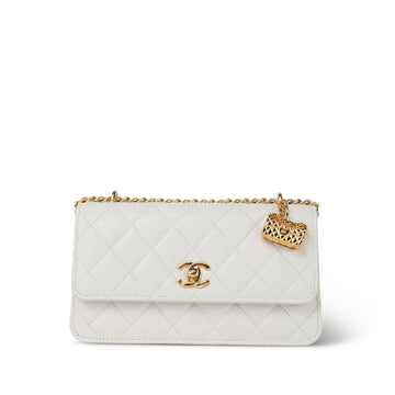 White leather Quilted Flap Charm Wallet On Chain WOC Gold Hardware