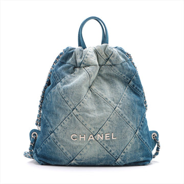 Top Quality Chanel 22 Backpack Leather/denim Chainsaw Blue Silver  AS3859