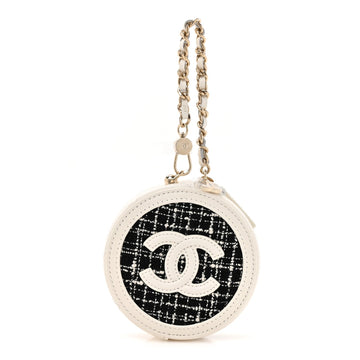 Tweed Quilted Round Filigree Pouch With Chain White Black