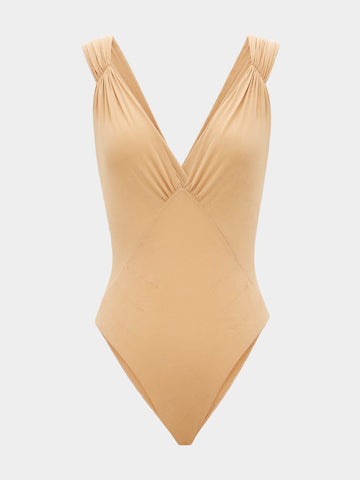 Beige Silk Muslin Cross-Back Bodysuit