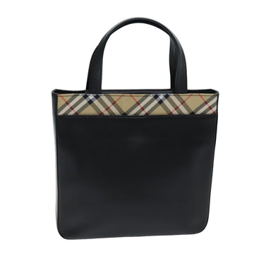 Burberry Nova Check Hand Bag Leather Canvas Black Beige Auth 81655